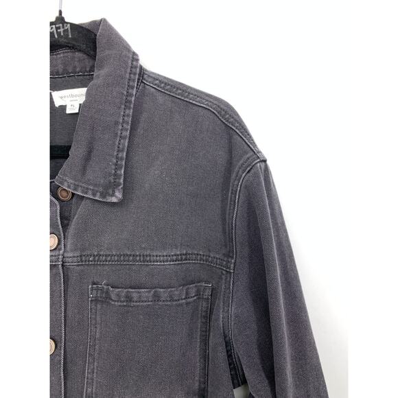 Westbound Petites Denim Jacket Womens PL Raw Hem Washed Black Oversized NEW - Picture 2 of 7
